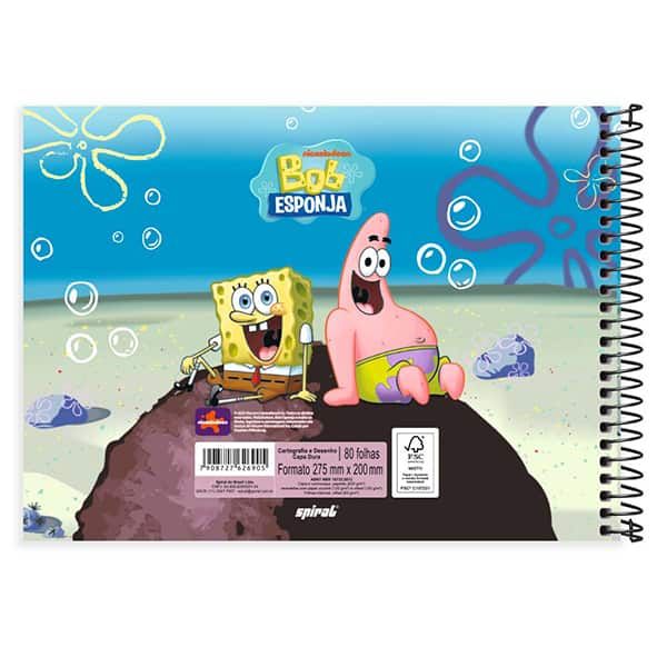 Caderno Cartografia e Desenho Capa Dura 80 Folhas, Bob Esponja, 2526905, Spiral Bob - PT 1 UN