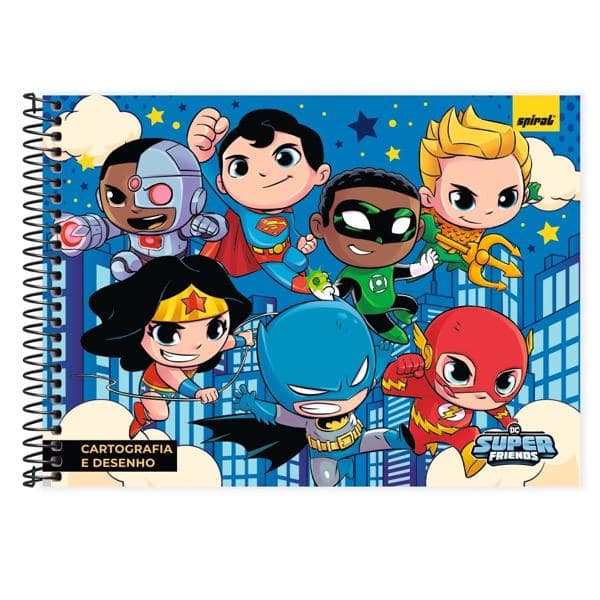 Caderno Cartografia e Desenho Capa Dura 80 Folhas, Super Friends, 2526912, Spiral Dcf - PT 1 UN