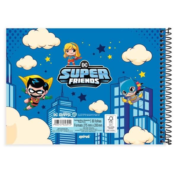 Caderno Cartografia e Desenho Capa Dura 80 Folhas, Super Friends, 2526912, Spiral Dcf - PT 1 UN