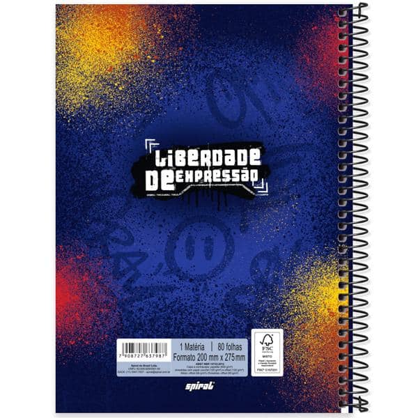 Caderno Universitário Capa Dura, 1 x 1, 80 Folhas, Liberdade de Expressão, 2637987, Spiral Lib - PT 1 UN