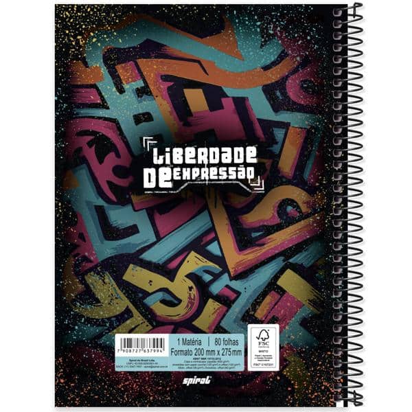 Caderno Universitário Capa Dura, 1 x 1, 80 Folhas, Liberdade de Expressão, 2637994, Spiral Lib - PT 1 UN