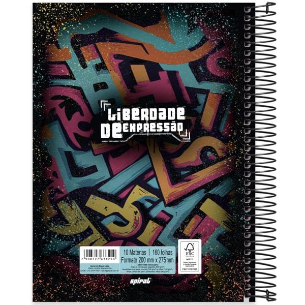 Caderno Universitário Capa Dura, 10 x 1, 160 Folhas, Liberdade de Expressão, 2638250, Spiral Lib - PT 1 UN