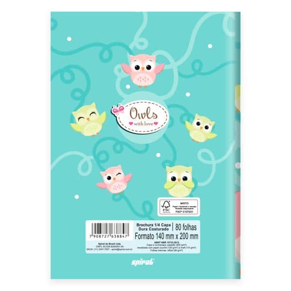 Caderno 1/4 , Capa dura, costurado, 80 folhas, Corujinhas, 2638847, Spiral Cor - PT 1 UN Caderno 1/4 , Capa dura, costurado, 80 folhas, Corujinhas, 2638847, Spiral Cor - PT 1 UN