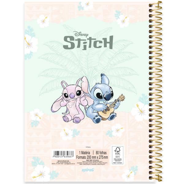 Caderno Universitário Capa Dura, 1 x 1, 80 Folhas, Stitch, 2639837, Spiral Ds - PT 1 UN