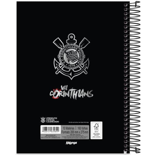 Caderno Universitário Capa Dura, 10 matérias, 160 folhas, Corinthians, 2639899, Spiral Sccp - PT 1 UN