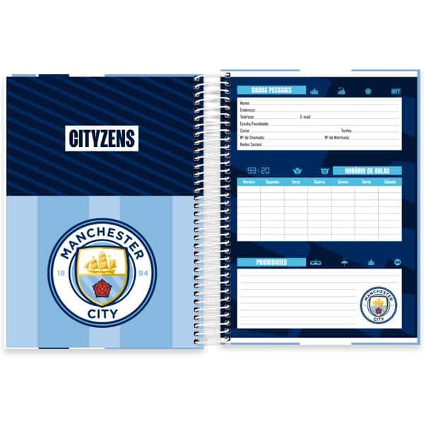 Caderno Universitário Capa Dura, 10 x 1, 160 folhas, Manchester City, 2640048, Spiral Mc - PT 1 UN