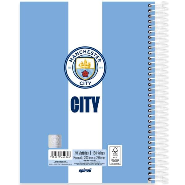 Caderno Universitário Capa Dura, 10 x 1, 160 folhas, Manchester City, 2640048, Spiral Mc - PT 1 UN