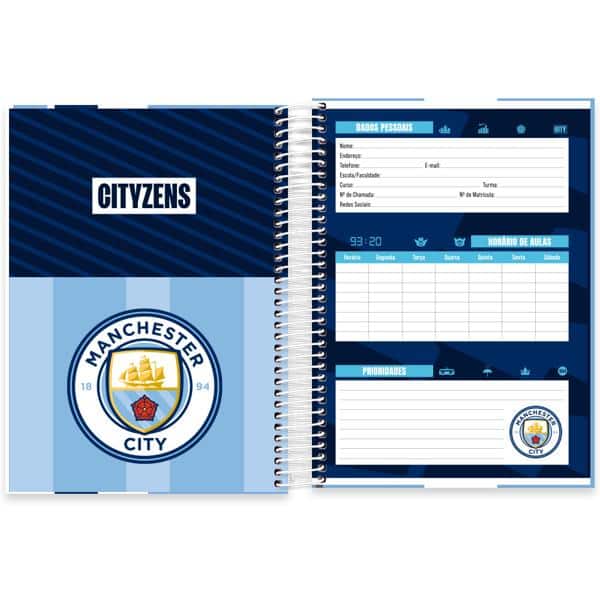 Caderno Universitário Capa Dura, 20 x 1, 320 Folhas, Manchester City, 2640420, Spiral Mc - PT 1 UN