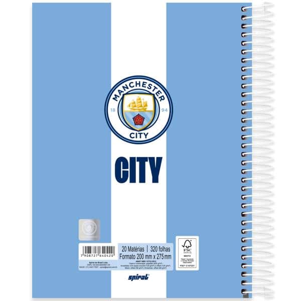 Caderno Universitário Capa Dura, 20 x 1, 320 Folhas, Manchester City, 2640420, Spiral Mc - PT 1 UN