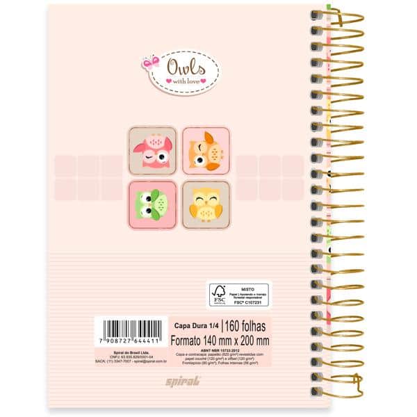 Caderno 1/4, Capa Dura, Espiral, 160 folhas, Corujinhas, 2644411, Spiral Cor - PT 1 UN