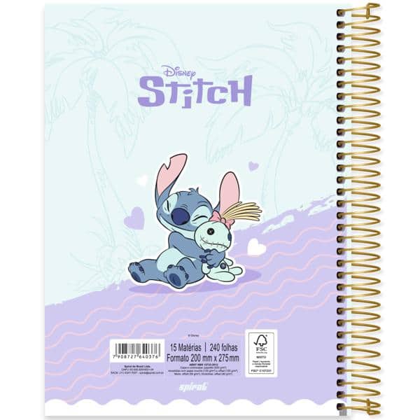 Caderno Universitário Capa Dura, 15 x 1, 240 Folhas, Stitch, 2640376, Spiral Ds - PT 1 UN