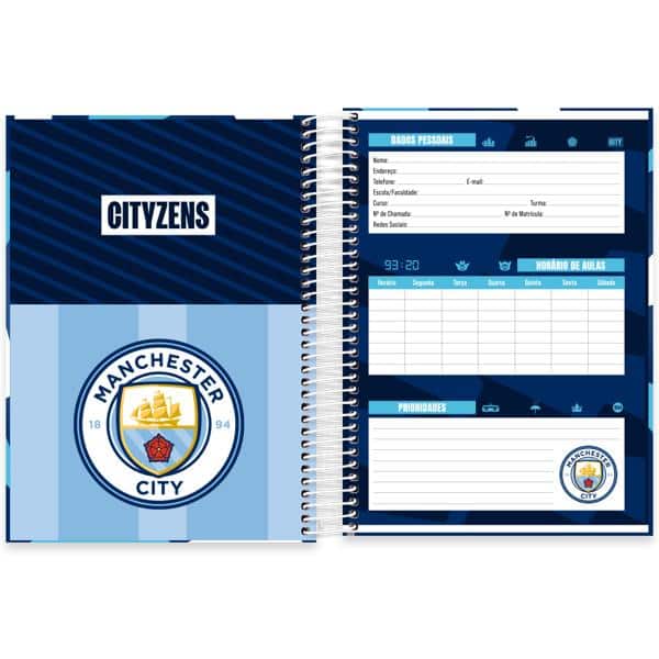 Caderno universitário capa dura, 15x1 240 folhas, Manchester City, 2640284, Spiral Mc - PT 1 UN