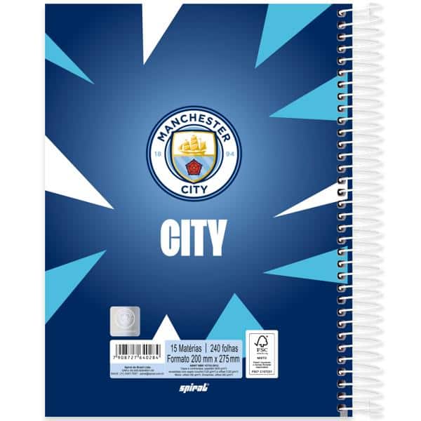 Caderno universitário capa dura, 15x1 240 folhas, Manchester City, 2640284, Spiral Mc - PT 1 UN
