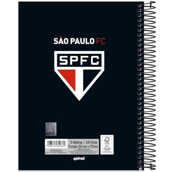 Caderno Universitário Capa Dura, 15 x 1, 240 folhas, São Paulo, 2640369, Spiral SPFC - PT 1 UN