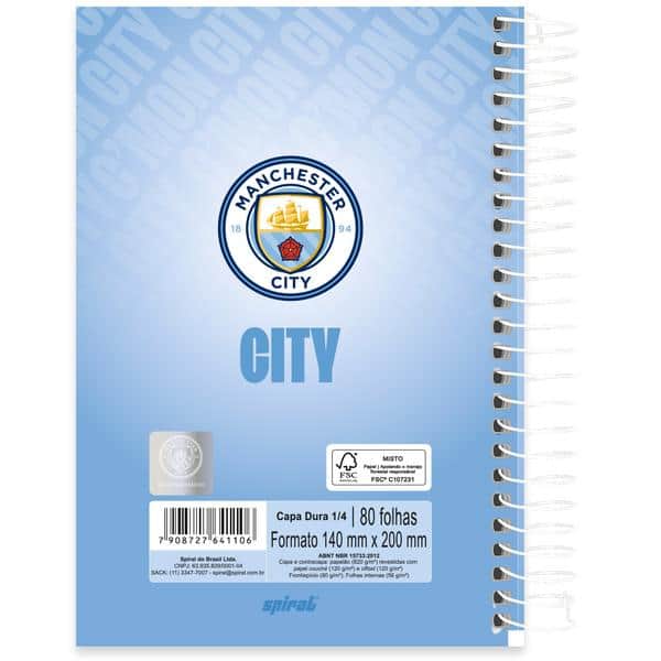 Caderno 1/4 , Capa dura, Espiral, 80 folhas, Manchester City, 2641106, Spiral Mc - PT 1 UN