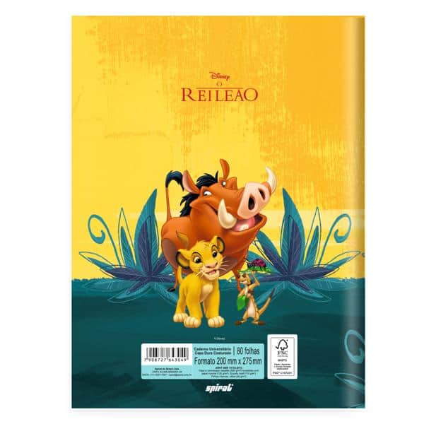 Caderno Universitário, Capa Dura Costurado, 80 folhas, Rei Leão, 2643049, Spiral Rei - PT 1 UN