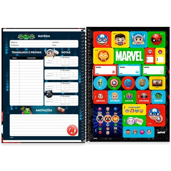 Caderno Universitário Capa Dura, 1 x 1, 80 Folhas, Marvel Emoji, 2645098, Spiral Mve - PT 1 UN