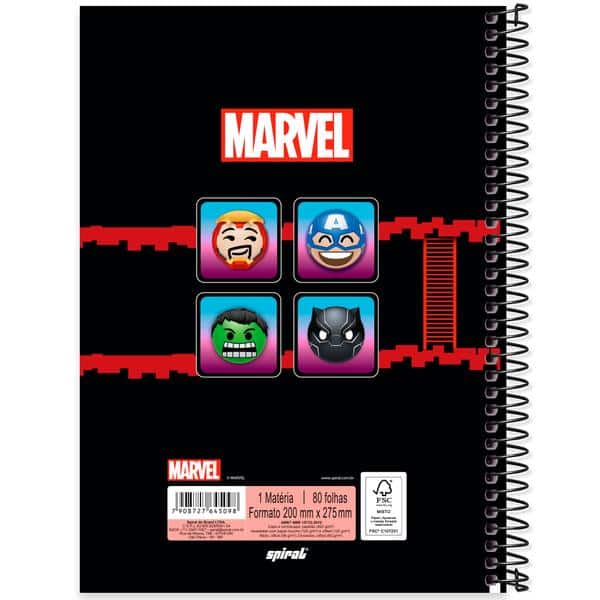 Caderno Universitário Capa Dura, 1 x 1, 80 Folhas, Marvel Emoji, 2645098, Spiral Mve - PT 1 UN