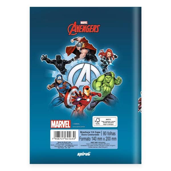 Caderno 1/4 costurado capa dura, 1 matéria, 80 folhas, Avengers, 2645630, Spiral Av - PT 1 UN Caderno 1/4 costurado capa dura, 1 matéria, 80 folhas, Avengers, 2645630, Spiral Av - PT 1 UN