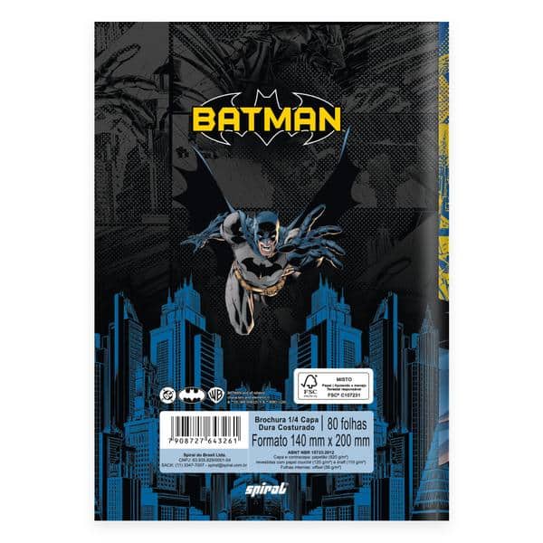 Caderno 1/4, Capa dura, costurado, 80 folhas, Batman, 2643261, Spiral Btg - PT 1 UN Caderno 1/4, Capa dura, costurado, 80 folhas, Batman, 2643261, Spiral Btg - PT 1 UN