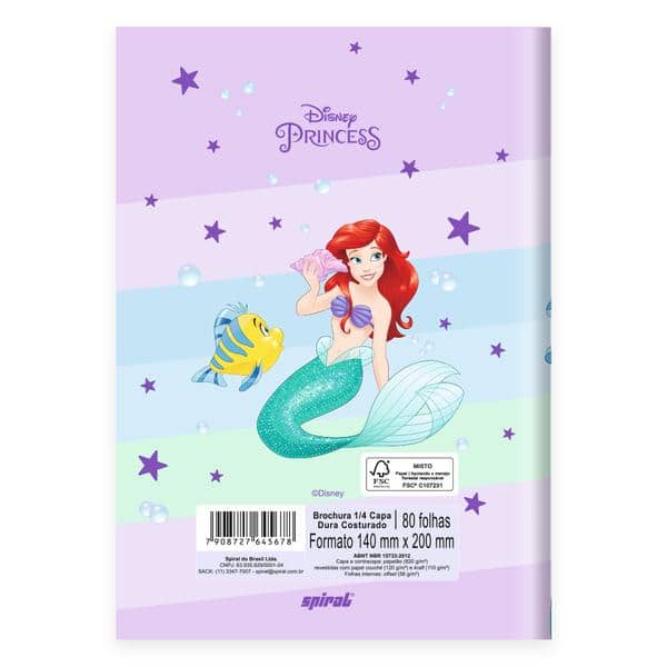 Caderno 1/4, Capa dura, costurado, 80 folhas, Princesas, A pequena sereia, 2645678, Spiral Pn - PT 1 UN Caderno 1/4, Capa dura, costurado, 80 folhas, Princesas, A pequena sereia, 2645678, Spiral Pn - PT 1 UN
