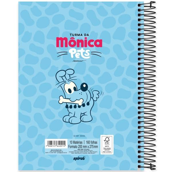 Universitário Capa Dura, 10 x 1, 160 Folhas, Turma da Mônica Pets, Bidu, 2640215, Tdp - PT 1 UN