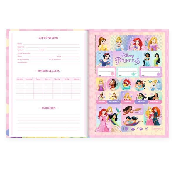 Caderno Universitário, Capa Dura Costurado, 80 folhas, Princesas Disney, 2643032, Spiral Pn - PT 1 UN