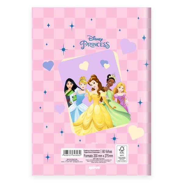 Caderno Universitário, Capa Dura Costurado, 80 folhas, Princesas Disney, 2643032, Spiral Pn - PT 1 UN
