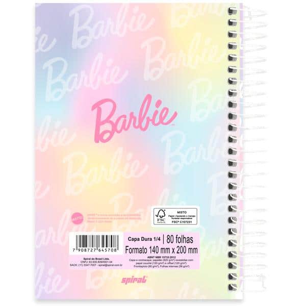 Caderno 1/4 Capa Dura, Espiral, 80 folhas, Barbie, 2645708, Spiral Brb - PT 1 UN Caderno 1/4 Capa Dura, Espiral, 80 folhas, Barbie, 2645708, Spiral Brb - PT 1 UN
