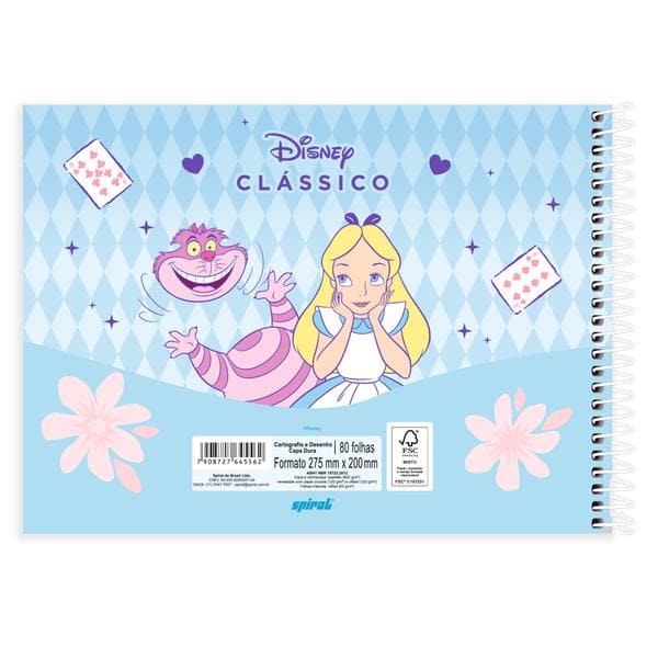 Caderno de cartografia e desenho, Capa dura, 80 folhas, Disney Clássicos, Alice no País das Maravilhas, 2645562, Spiral Cld - PT 1 UN