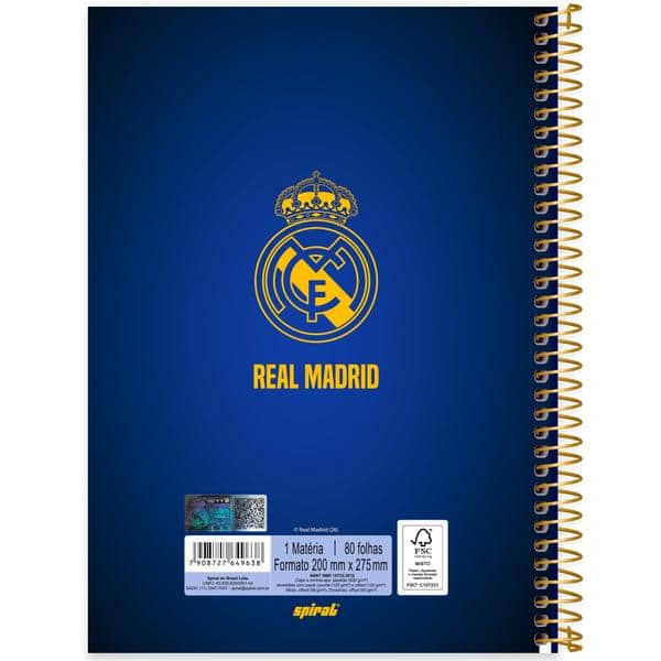 Caderno Universitário Capa Dura, 1x1, 80 Folhas, Real Madrid, 2649638, Spiral Rea - PT 1 UN