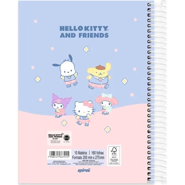 Caderno Universitário Capa Dura, 10 x 1, 160 Folhas, Hello Kitty e Amigos, 2767915, Spiral Hka - PT 1 UN