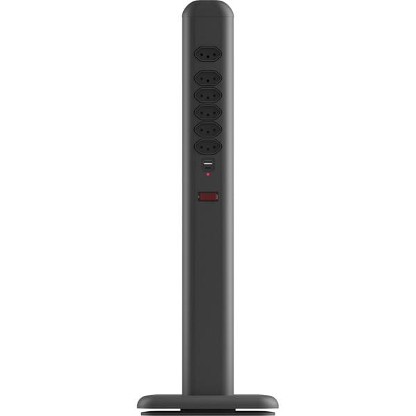 Extensão elétrica tipo totem, 6 tomadas, USB-C, com suporte, Preto, 09757, Octoo - CX 1 UN