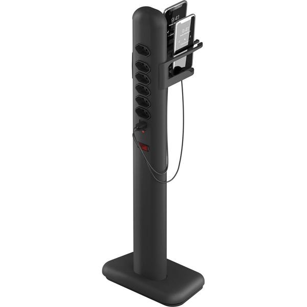 Extensão elétrica tipo totem, 6 tomadas, USB-C, com suporte, Preto, 09757, Octoo - CX 1 UN