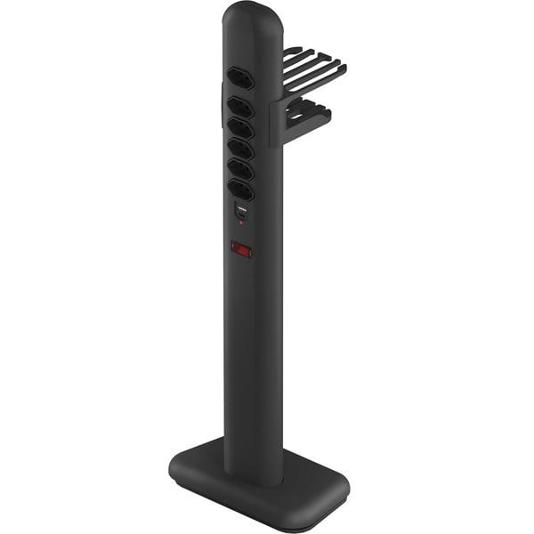 Extensão elétrica tipo totem, 6 tomadas, USB-C, com suporte, Preto, 09757, Octoo - CX 1 UN