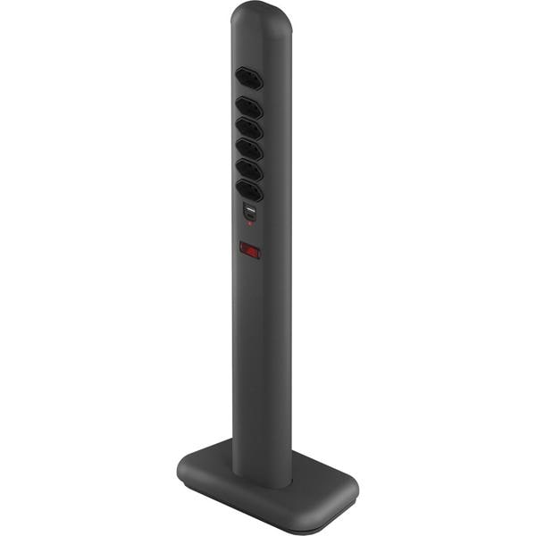 Extensão elétrica tipo totem, 6 tomadas, USB-C, com suporte, Preto, 09757, Octoo - CX 1 UN