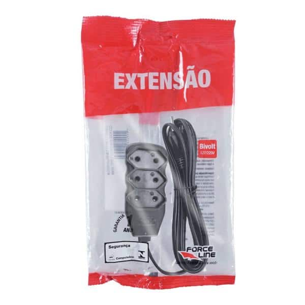 Extensão elétrica 3 tomadas 10A c/ 3m 2 pinos preto 180200237 Force-line BT 1 UN