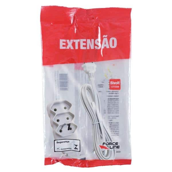 Extensão elétrica 3 tomadas 10A c/ 3m 2 pinos branco 180200240 Force-line BT 1 UN