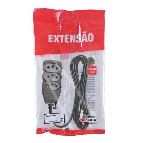 Extensão elétrica 3 tomadas 10A c/ 3m 3 pinos preto 180200253 Force-line BT 1 UN