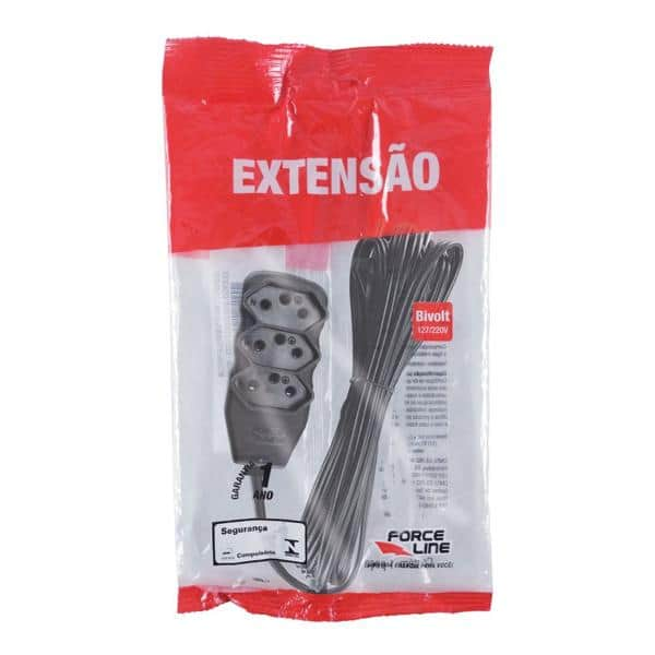 Extensão elétrica 3 tomadas 10A c/ 5m 3 pinos preto 180200254 Force-line BT 1 UN