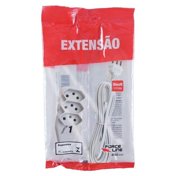 Extensão elétrica 3 tomadas 10A c/ 5m 3 pinos branco 180200251 Force-line BT 1 UN