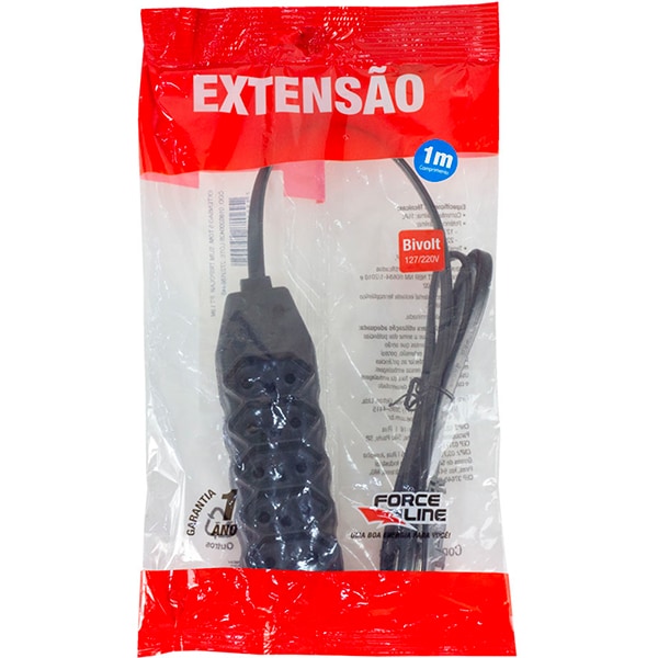 Extensão Elétrica Tripolar, 5 tomadas, 10A, 1m, 3 pinos, Preta, Force-line PT 1 UN