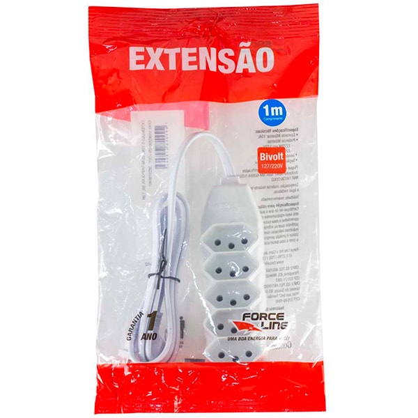 Extensão elétrica 5 tomadas 1 metro, 10A, 3 pinos, Branco, 0180200429, Force-line - PT 1 UN