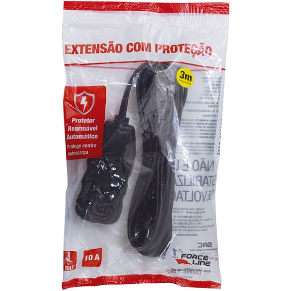 Extensão elétrica 3 tomadas, 3 pinos, cabo de 3 metros, 10A, Preto, 0180200505, Force-line - PT 1 UN Extensão elétrica 3 tomadas, 3 pinos, cabo de 3 metros, 10A, Preto, 0180200505, Force-line - PT 1 UN