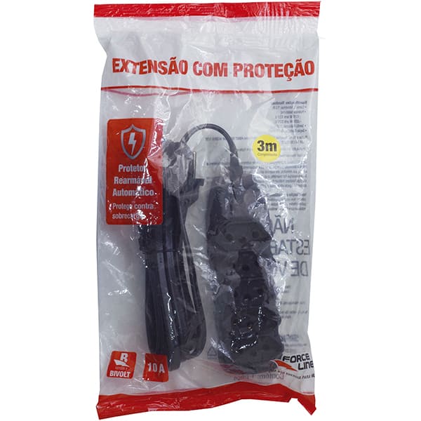 Extensão elétrica 5 tomadas, 3 pinos, cabo de 3 metros, 10A, Preto, 0180200537, Force-line - PT 1 UN