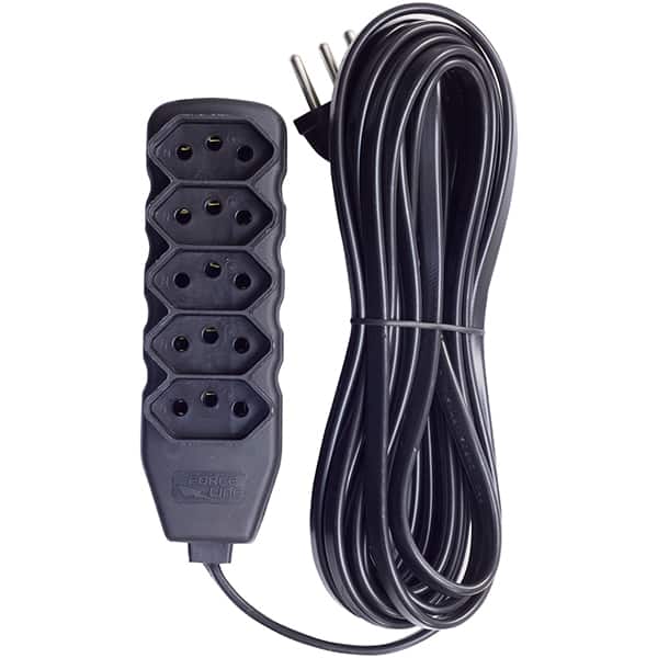 Extensão elétrica 5 tomadas, 3 pinos, cabo de 5 metros, 10A, Preto, 0180200538, Force-line - PT 1 UN