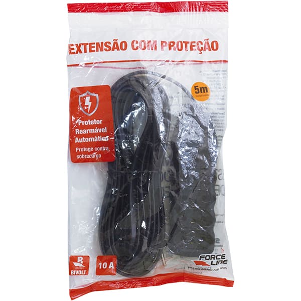 Extensão elétrica 5 tomadas, 3 pinos, cabo de 5 metros, 10A, Preto, 0180200538, Force-line - PT 1 UN