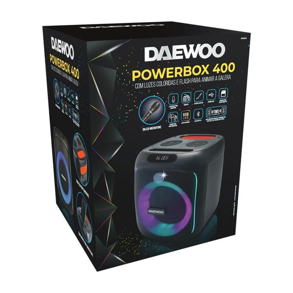 Caixa de som com microfone Powerbox 400, 90w, Bluetooth 5.0, USB, Aux, Preta, RGB, 04585, Daewoo - CX 1 UN