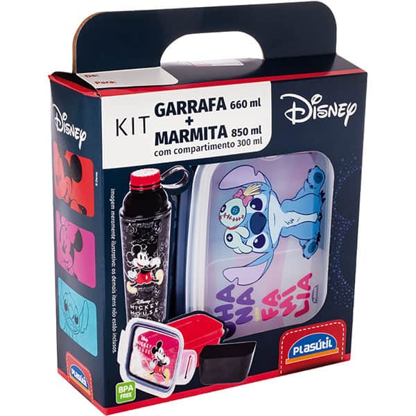 Kit escolar Stitch Disney, com garrafa e pote, 15633, Plasutil - CX 2 UN