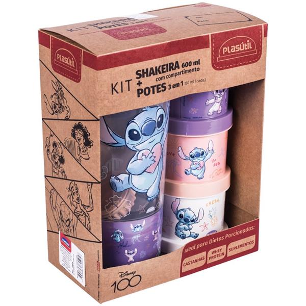 Kit Garrafa escolar shakeira, com pote 3 em 1, Stitch, 15634, Plasutil - CX 4 UN